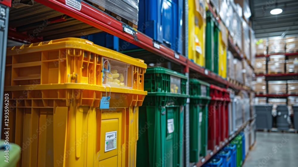 Poster a variety of colorful storage containers are neatly arranged on shelves in a well lit warehouse, sho