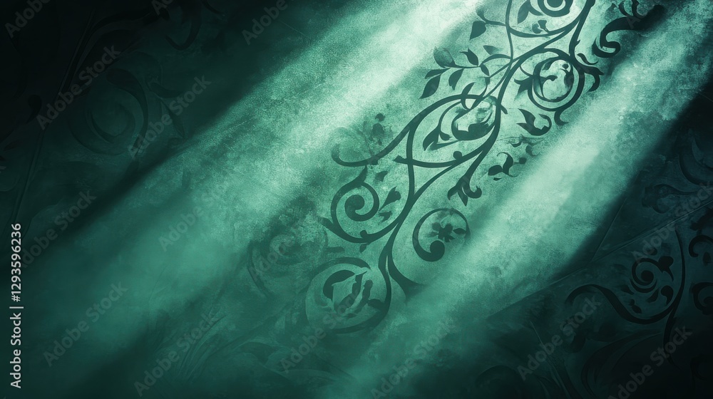 Poster ethereal green background with delicate vines and light rays illuminating textured surface
