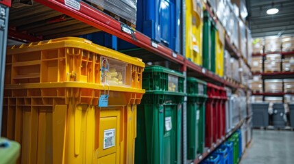 A variety of colorful storage containers are neatly arranged on shelves in a well lit warehouse, showcasing an organized inventory management system.