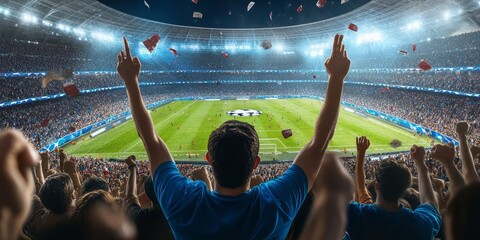 Fans enthusiastically cheering at a soccer stadium.