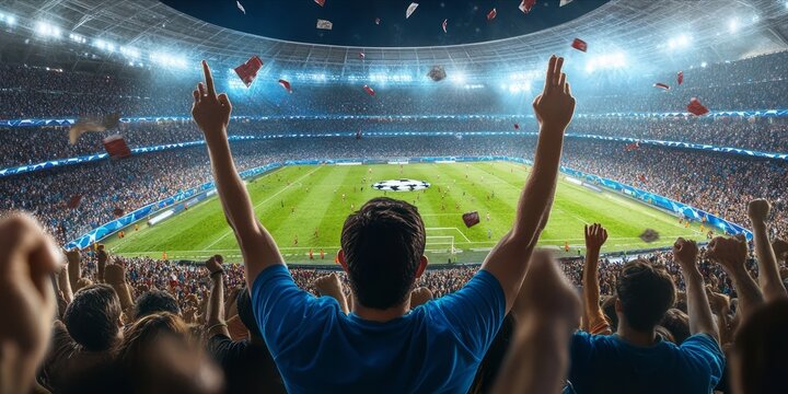Fans enthusiastically cheering at a soccer stadium.