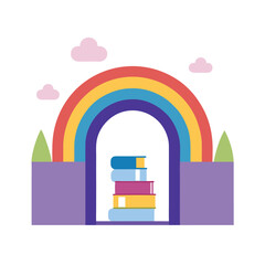 Obraz premium Rainbow Archway, Books, Clouds, Reading, Knowledge, Imagination, Learning, Dreams, Fantasy, Story