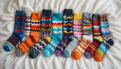 A collection of colorful socks displayed on a soft white blanket, showcasing playful patterns and designs. Ideal for fashion brands, lifestyle blogs, or cozy home imagery.