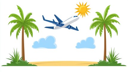 Airplane Flying Over Tropical Beach with Palm Trees and Sun