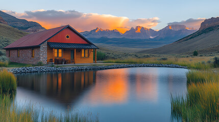 Fototapeta premium Mountain Lodge Reflection: A picturesque lodge with a red roof sits peacefully beside a reflective pond, capturing the golden hues of a stunning sunset framed by majestic mountains.