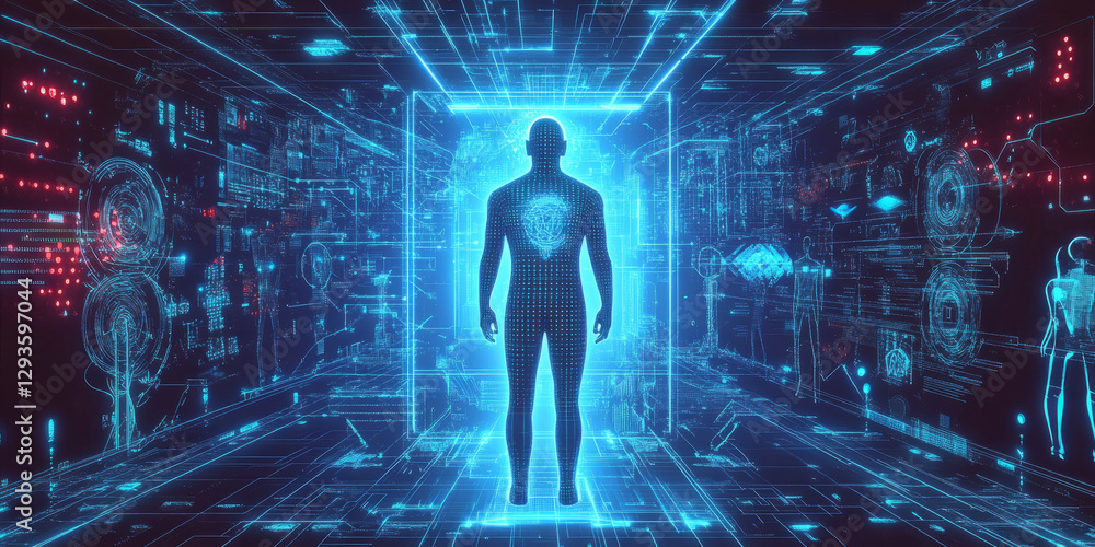 Poster a glowing futuristic ai-powered predictive policing system, featuring cybernetic crime forecasting p