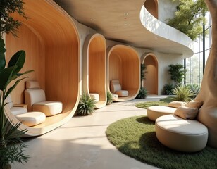 Futuristic office hub with creative wooden pods, warm neutral lighting, innovative environment, modern concept. Futuristic office space features soft daylight, natural elements. Promoting workplace