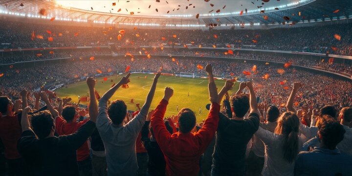 Fototapeta Fans enthusiastically cheering at a soccer stadium.