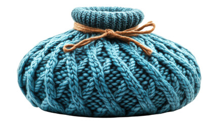 Cozy teal knitted hot water bottle with a decorative tie for warmth and comfort during cold days