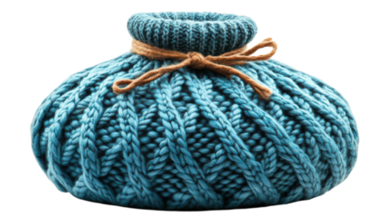 Cozy teal knitted hot water bottle with a decorative tie for warmth and comfort during cold days