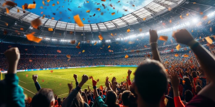 Fans enthusiastically cheering at a soccer stadium.