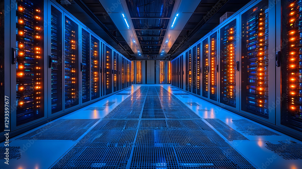 Poster digital data fortress: a long corridor of server racks glows with an energetic blue and orange light
