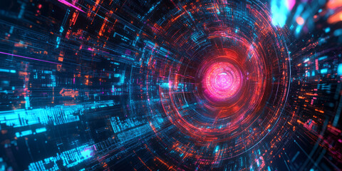 A futuristic AI-powered cyberspace, featuring glowing digital nodes, swirling cybernetic data streams, and pulsating holographic neural pathways. The high-tech abstract background represents