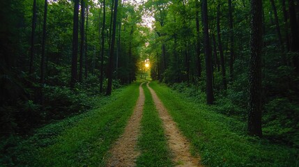 Obraz premium Sunlit forest path, nature trail, peaceful woods