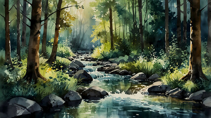 Obraz premium A watercolor painting captures a serene stream flowing through a sunlit, lush forest.