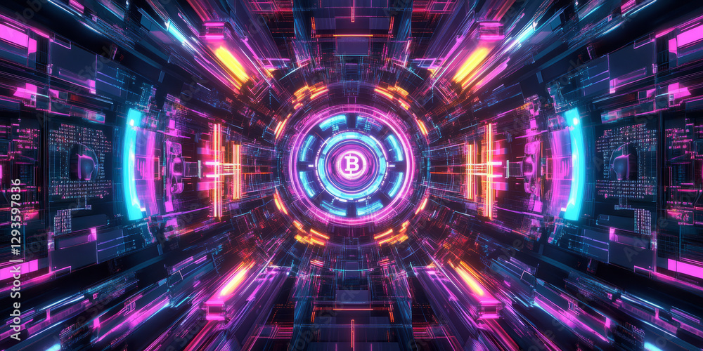 Poster a glowing futuristic ai-driven cryptocurrency trading system, featuring cybernetic blockchain verifi