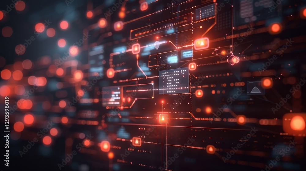 Aufkleber Close up view of a vibrant digital network filled with glowing nodes and interconnected paths, representing advanced technology and data transfer in a futuristic atmosphere.