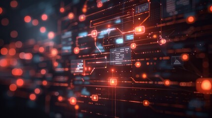 Close up view of a vibrant digital network filled with glowing nodes and interconnected paths, representing advanced technology and data transfer in a futuristic atmosphere.