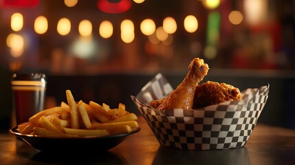 Obraz premium Crispy Fried Chicken and French Fries at a Bar