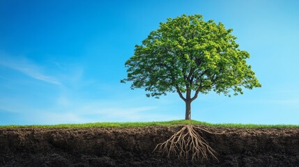 Obraz premium Tree with exposed roots on cross-section of soil and clear blue sky background. Nature and environmental conservation concept