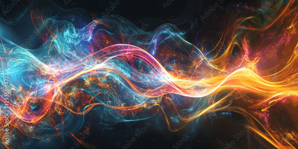 Poster a visually stunning abstract background with glowing holographic light waves, dynamically cascading 