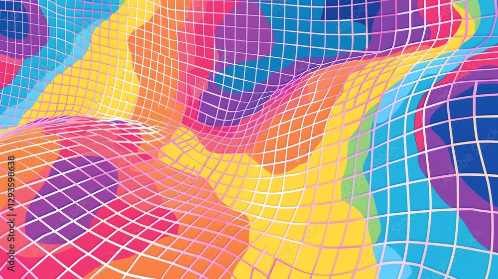 Poster a colorful, abstract geometric pattern with overlapping squares and lines.