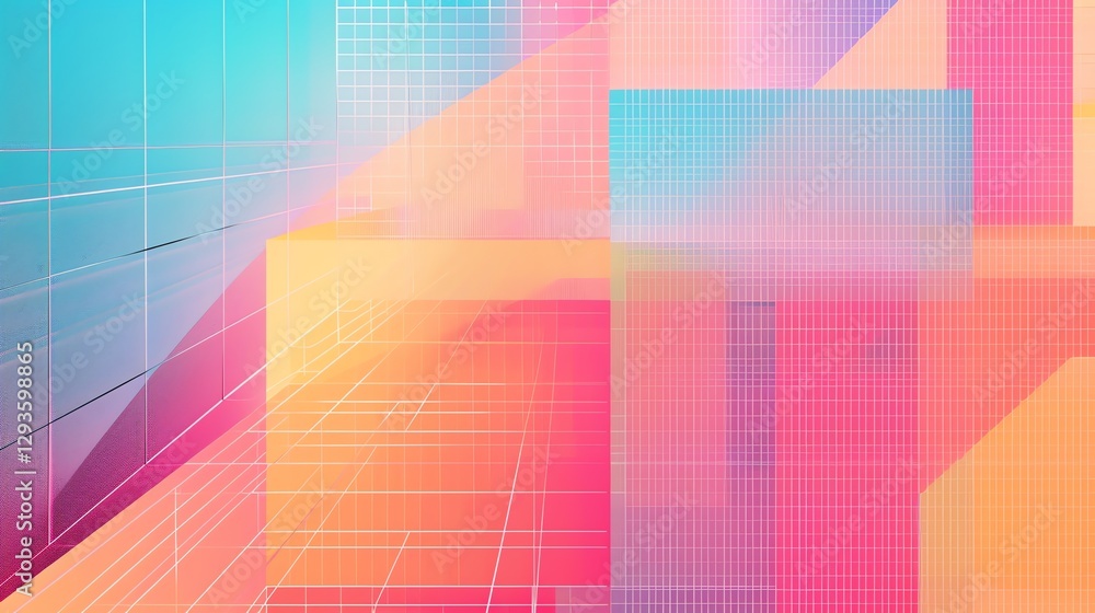 Poster A colorful, abstract geometric pattern with overlapping squares and lines.