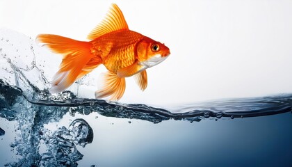 Vibrant Goldfish Leaping High Above a Tranquil Aquarium, Showcasing Playful Energy and Stunning Color Contrast
