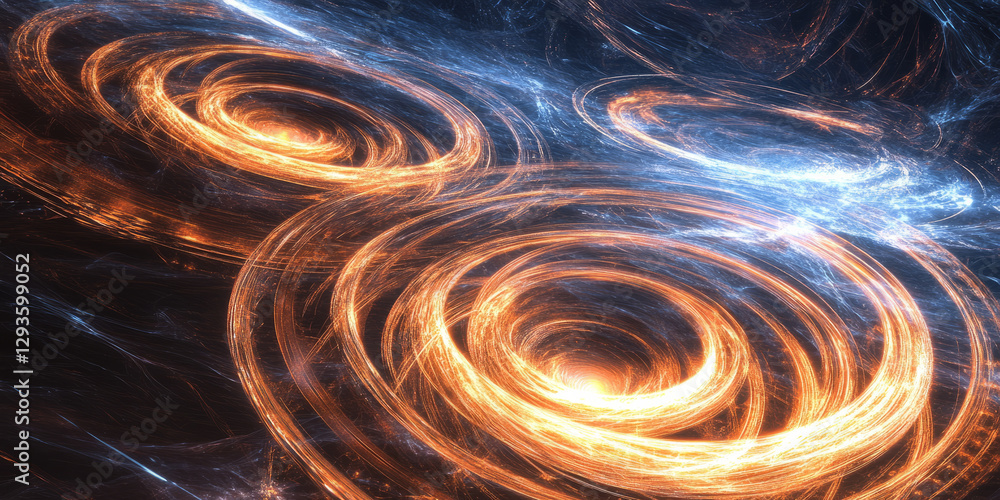 Poster a mesmerizing abstract background with layered swirling rings of glowing plasma, suspended in a deep