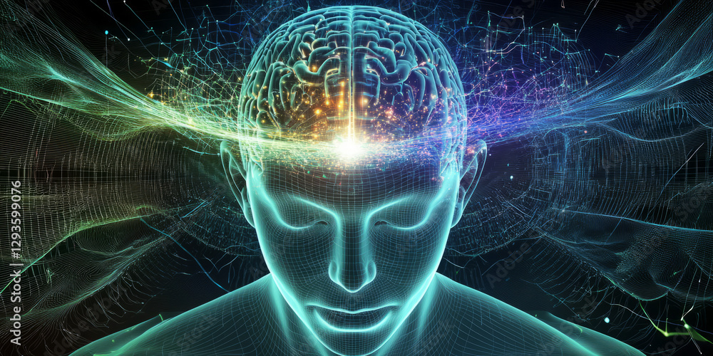 Poster a mesmerizing futuristic ai-driven immersive therapy environment, displaying glowing cybernetic neur