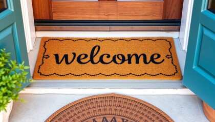 A welcoming doormat with the word welcome in bold letters lies at the entrance, creating a hospitable atmosphere for guests. Perfect for home decor or real estate marketing.