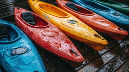 Colorful Array of Kayaks on a Dock: An Overhead View of Five Vibrantly Colored Kayaks in Blue, Red, Yellow, and Orange, Glimmering with Water Drops After a Rainy Adventure
