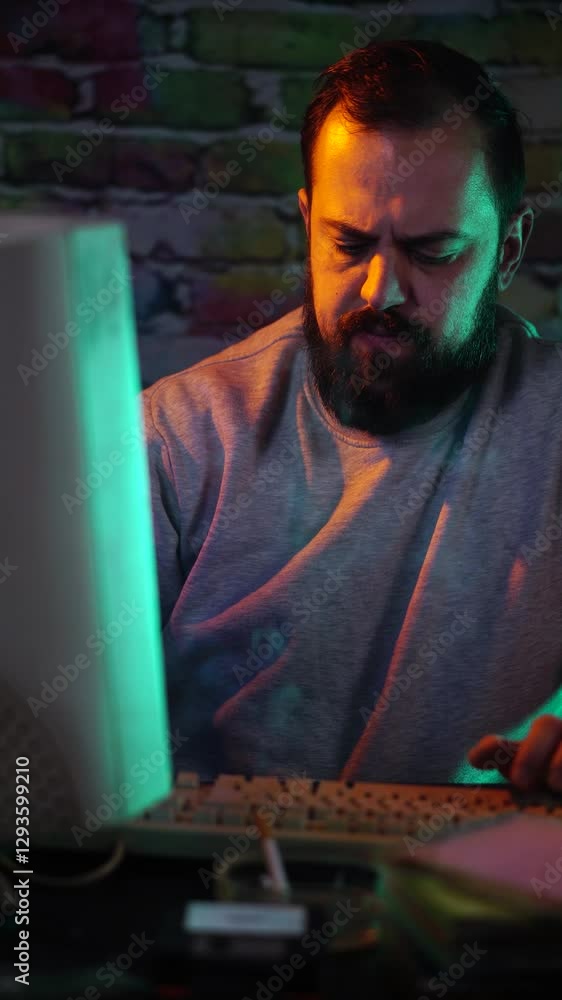 Poster vertical view, man with beard smoking in front of flickering monitor of desktop computer from 1990's