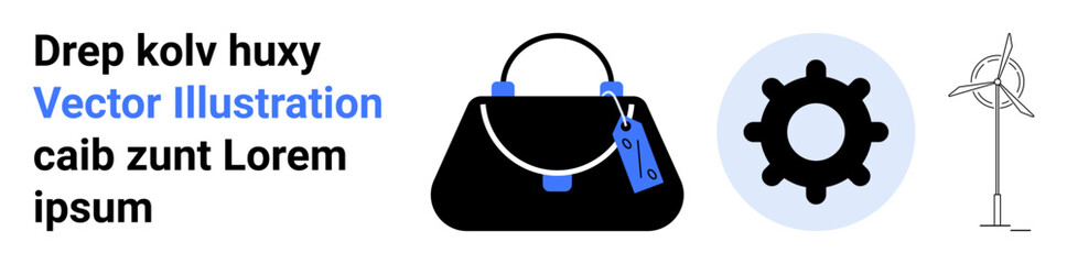 Black handbag with tags, mechanical gear, and wind turbine on clean layout. Ideal for fashion, tech, sustainability, energy, innovation mechanics eco-friendly design. Flat landing page banner