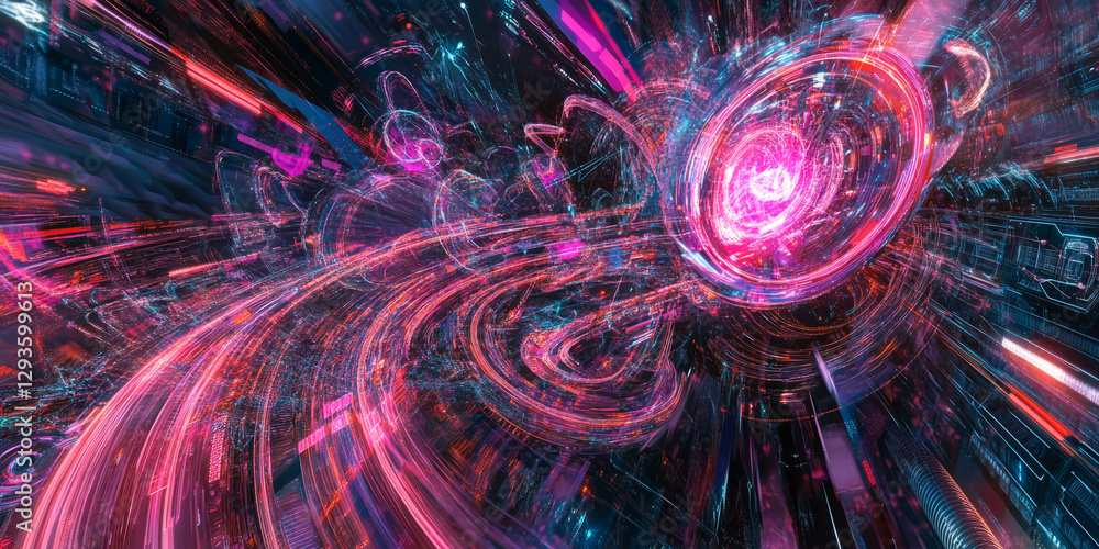 Poster a glowing futuristic digital twin, composed of swirling cybernetic energy trails, pulsating holograp