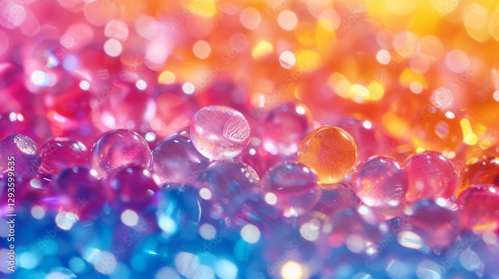 Poster a collection of translucent orbs in various colors reflects light beautifully, showcasing a rainbow 