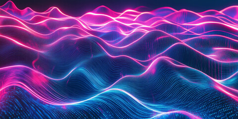 Fototapeta premium A high-tech abstract background featuring cascading layers of radiant neon waves, dynamically flowing in a cybernetic rhythm. The glowing energy and digital motion create a mesmerizing futuristic