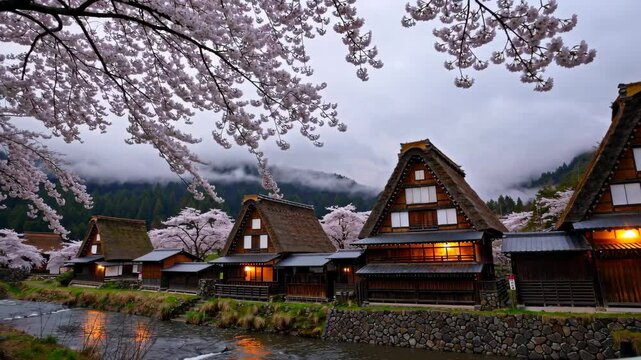 Shirakawa-go in Spring: A Traditional Japanese Village with Cherry Blossoms
