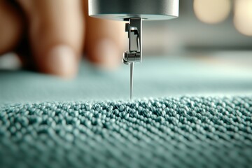 Sewing machine needle puncturing teal fabric, revealing intricate textile manufacturing precision and craftsmanship