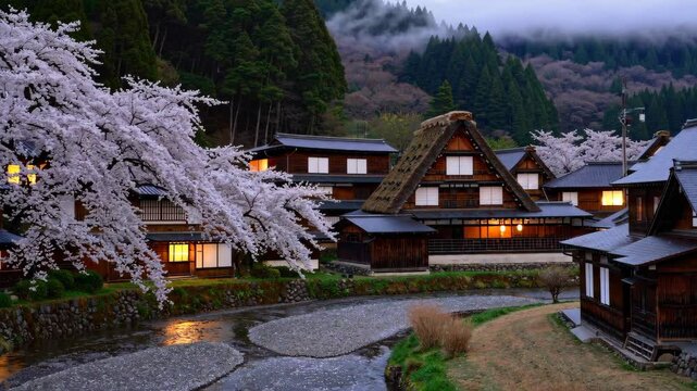 Shirakawa-go in Spring: A Traditional Japanese Village with Cherry Blossoms