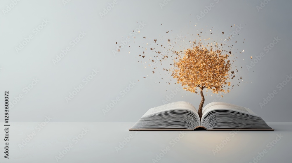 Poster open book with tree made of glittering leaves floating above