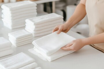 Female worker folding clean white towels in a textile factory, showcasing quality control and production process