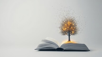Magical Tree Emanating from an Open Book with Shining Particles