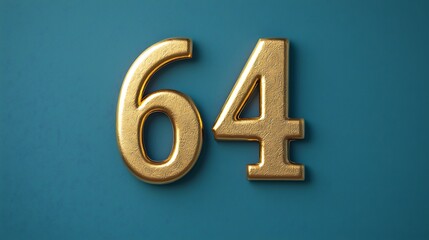 A shiny gold number "64" is displayed on a teal background, emphasizing its vibrant color contrast and modern design.