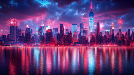 Obraz premium Cityscape at Twilight: a breathtaking cityscape at twilight, capturing a mesmerizing view of skyscrapers and skyline, illuminated by vibrant neon lights along a tranquil waterfront.