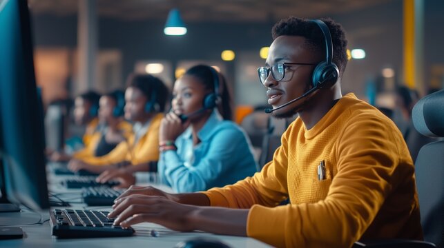 A group of young individuals collaborate in a vibrant call center, wearing headsets and focused on their computers. Representing online training, gaming, customer service or a call center workspace.