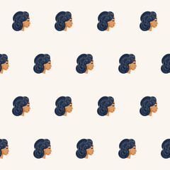 Doodle Woman Head Portrait Seamless Pattern Background Modern Fashion Textile Fabric Surface Print