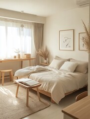 A simple minimal bedroom interior with a neutral palette