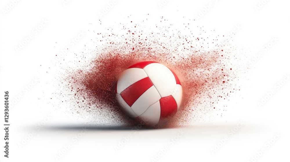 Poster dynamic soccer ball explosion with red dust effect on white background