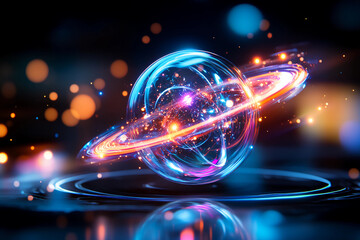 Title: Abstract close-up of an electron orbiting a glowing atom with neon beams and intricate light trails, radiating outward in a mesmerizing display of energy and motion